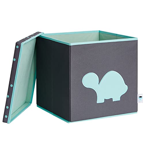 Love IT STORE IT - Caja de Almacenamiento con Tapa, Cajas Kallax de Tela, reforzadas con Madera, Cuadrada, Estable, Gris con Tortuga Turquesa, 33 x 33 x 33 cm