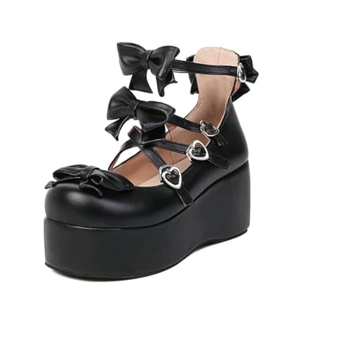 Elbslutt Womens Goth Mary Jane Shoes Platform Kawaii Cosplay Girls Lolita Shoes Round Toe Buckle Cross-Tied Strap Chunky Wedge Heel Bow Y2k Ankle Strap Dress Pumps Oxfords Shoes