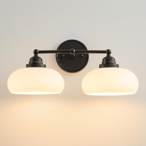 Image of Vintage Milk Glass Wall Sconce,2 Lights Matte Black Bathroom Vanity Light | Mid Century Modern Black Bathroom Sconce over Mirror,Milk White Glass Wall Lights Decor Lamp for Bedroom Living Room Hallway