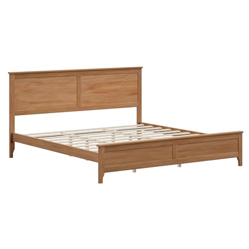 Image of Harper & Bright Designs Modern Farmhouse Platform King Bed Frame, Solid Wood Platform Bed Frame with Headboard, Sturdy Wooden Foundation with Wood Slats for Living Room, Seadrift