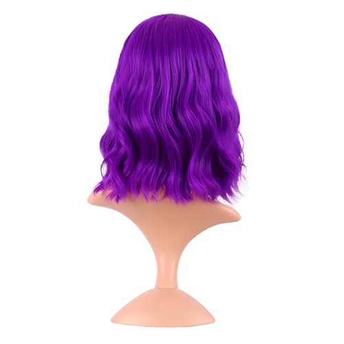 Image of MapofBeauty 14 Inch /35 cm Short Wavy Curly Women Fresh Bright Synthetic Ordinary Flat Bangs Bob Wig (Bright Purple)
