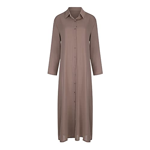 Sommerkleid Damen Lang Leinen Kleider Elegant V-Ausschnitt Langarm Baumwolle Leinen Blusenkleid Maxi Kleid Leinenkleid Damen Sommer Strandkleid...