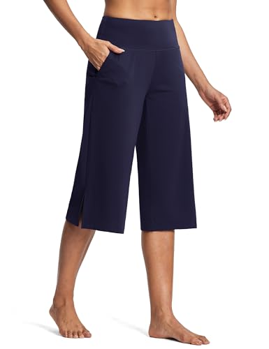 Image of ISEEGZ 15 inch /18 inch /21 inch Capri Pants for Women High Waist Wide Leg Yoga Capris with Pockets Stretchy Loose Fit Casual Workout