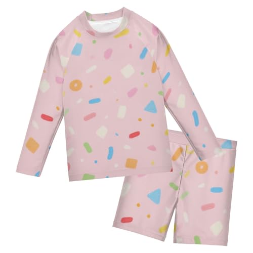 Traje de baño de 2 piezas infantil rosa con dibujos manga larga y protección UV
