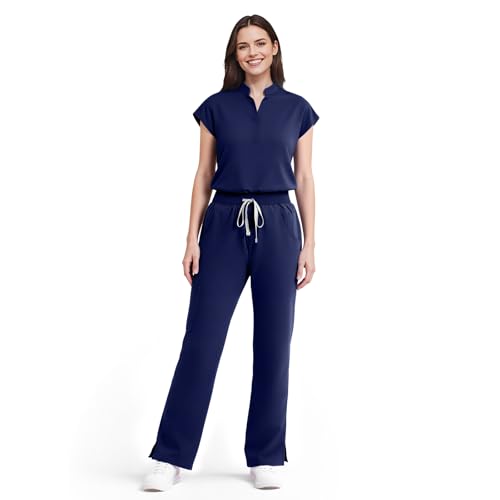 Dvoliaw Scrubs for Women Set Soft Sleeveless Stand-Up Collar Scrub Top & Straight Leg Scrub Pant, 9 Pockets, Yoga Waistband