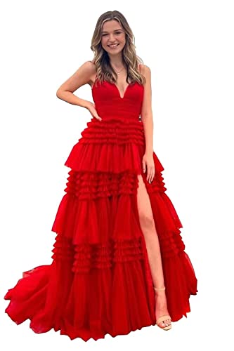 Glitter Tulle Tiered Prom Dresses for Women 2025 Ball Gown Long Spaghetti Strap Evening Party Dress RPM021