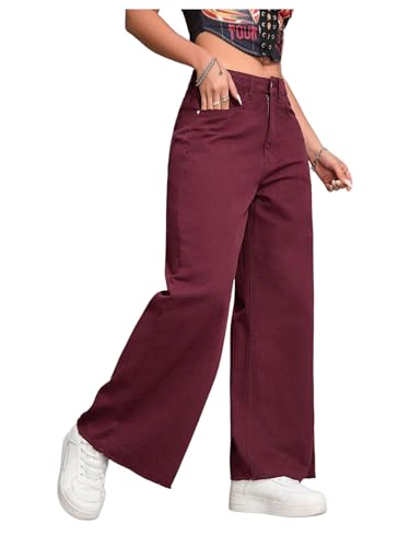 MakeMeChic Women's Denim Raw Wide Leg Trousers Straight Loose Baggy Y2K Jeans with Pocket Burgundy Large