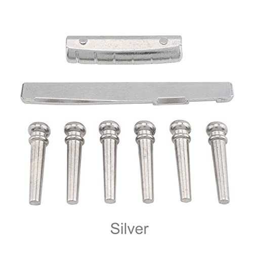 Muzcym 6Pcs Zinc Alloy Bridge Pins & Bridge Nut Saddle Set For Folk Acoustic Guitar (Silver) #TOP4