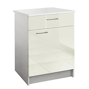 Berlioz Creations PRIMA PG6BTI Unterschrank für Küche mit Arbeitsplatte, 1 Dekortür und 1 Dekorschublade in glänzendem Elfenbein, 60 x 60 x 85 cm, 100 Prozent französische Herstellung