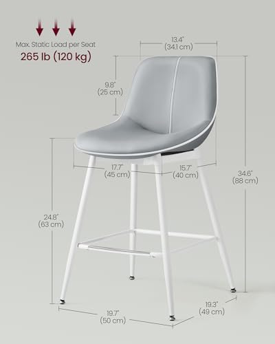 VASAGLE Bar Stools Set of 2, Counter Height Bar Stools with Back, Ergonomic Backrest, Synthetic Leather, Metal Legs, 24.8-Inch Tall Barstools for Kitchen Island Home Bar, Easy Assembly, Dove Gray