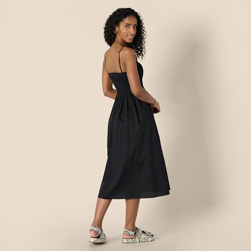 Amazon Essentials Women's Regular-Fit Cotton Sateen Smocked Bodice Midi Dress with Removable Straps, A-line Ruffle, Black, Medium by Amazon Essentials - Used condition - Image 2