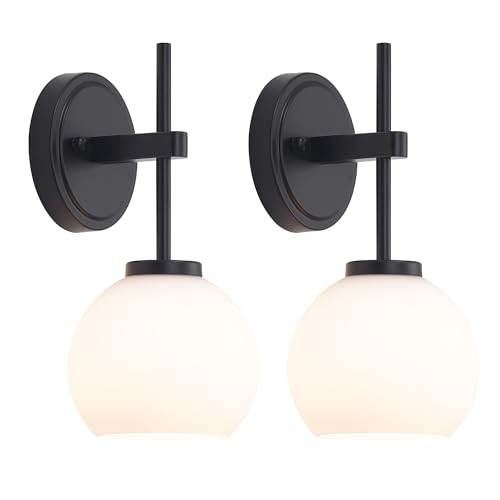 Black Wireless Rechargeable Wall Sconces with Remote Control, Battery Operated Wall Sconce Set of 2, LED Dimmable Wall Lights with Opal White Glass Shade, 12 Colors RGB & 3 CCT Bulb