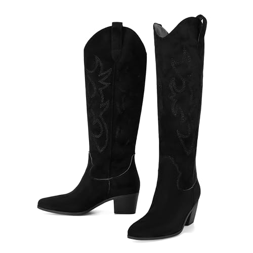 Image of STALOV Cowboy Boots for Women Pull On Chunky Heel Boots Knee High Cowgirl Boots Western Pointed Toe Boots Embroidered Suede Boots
