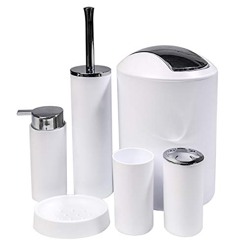 BROPRO Bathroom Accessories Set 6 Piece Bath Ensemble Includes Soap Dispenser, Toothbrush Holder, Toothbrush Cup, Soap Dish for Decorative Countertop and Housewarming Gift, White