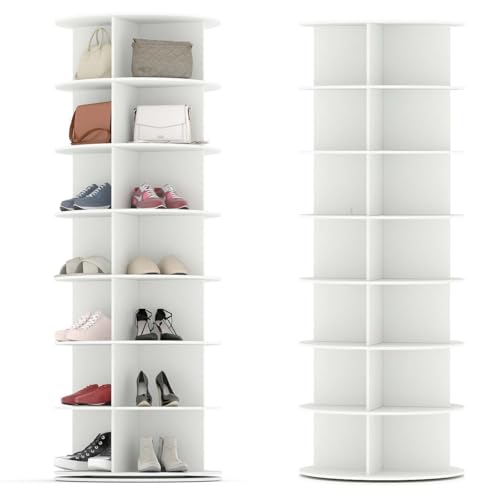 Songvas Zapatero Giratorio 7 Niveles, 360°Rotación, Vitrina Redonda de Gran Capacidad, Organizador Zapatos, Zapatero Interior Armario, Blanco, MDF, 160 x 59cm