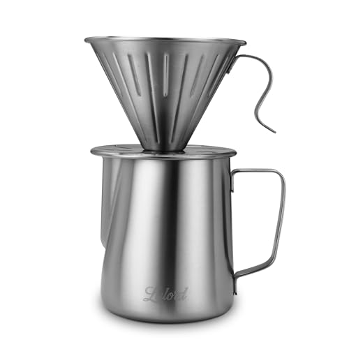 Lalord Pour Over Kaffeebereiter-Set, 304 Edelstahl, mit 100 Stück #2 Papierfilter und 600 ml Milchaufschäumkrug, für Zuhause und Camping