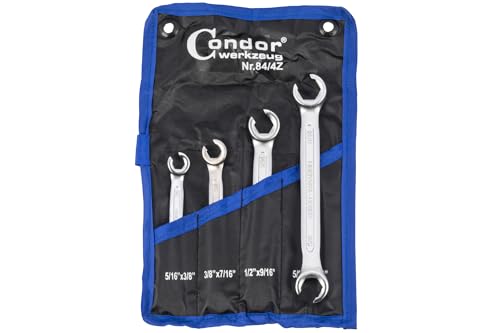 CONDOR Outil 84-4Z | Jeu de clés de câble | 4 pièces | en douane | 5/16-11/16" | Jeu de clés polygonales ouvertes | Jeu de clés de conduite de frein Outil professionnel pour atelier et bricoleur
