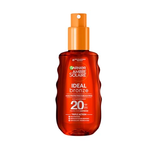 Garnier Ambre Solar – Ideal Bronze – Aceite protector sublimador de bronceado – Protección FPS 20 – Enriquecido con Vitamina E – No Graso – No pegajoso – Todo tipo de piel – 150 ml