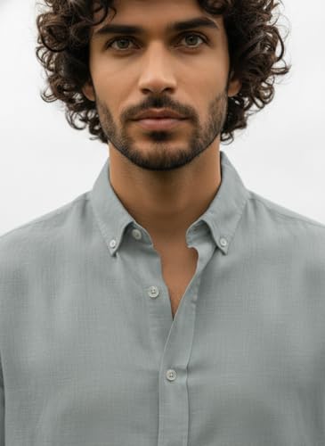 Image of Men's Linen Cotton Shirt | Solid Design | Full Sleeve | Regular Fit | Button Down Collar | Summer Casual & Formal Wear