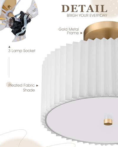 Image of Gold Semi Flush Mount Ceiling Light, 3-Light 12.5 inch Ceiling Light Fixture with White Pleated Fabric Shade, Drum Lamp for Nursery Hallway Bedroom Kitchen, AD-25036-3SF-GD