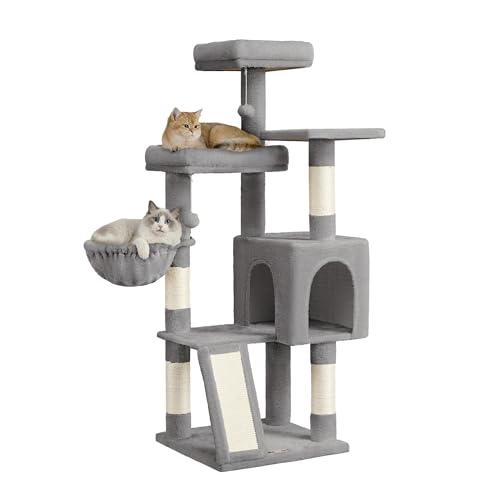 Feandrea Arbre à Chat, Tour pour Chat avec Poteaux à Griffer et Rampe, 3 Grandes Plateformes, 1 Niche, 1 Panier, 2 Pompons, 136 cm de Haut, Gris Tourterelle...