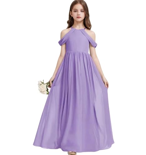 Girls A-Line Maxi Dress Junior Bridesmaid Flower Girl Dresses Girl Off-Shoulder Chiffon Dress for Wedding Pageant