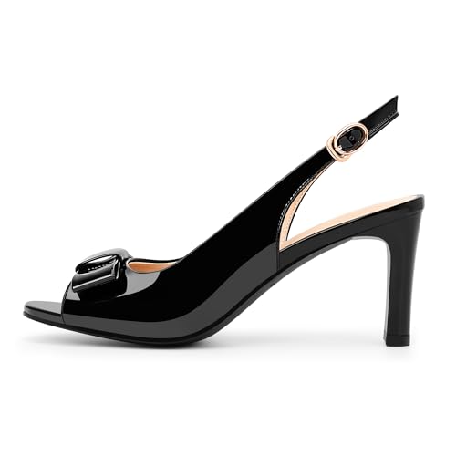 Women's Peep Toe Slingback Heeled Sandals Block Heel Bow Patent Leather Shoes2