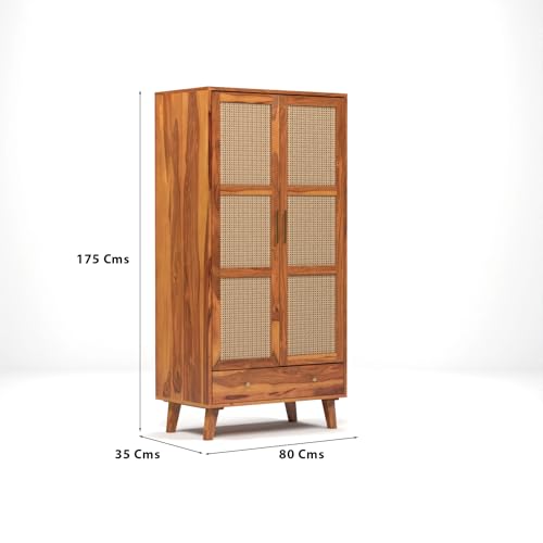 Image of PS DECOR Solid Sheesham Wood Wardrobe with Cane Rattan Doors | Modern Wooden Storage Almirah with Drawer | 2 Door Clothes Cabinet for Bedroom & Living Room (Honey Finish)