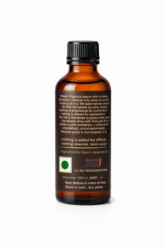Image of Village-Organica Black Sesame Seed Oil | Cold Pressed Oil | Gingelly Oil | For Body | For Hair | For Cooking (100ml)| Amber Glass bottle |
