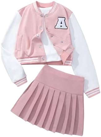Girl's 2 Piece Outfit Letter Embroidery Baseball Jacket and Pleat...