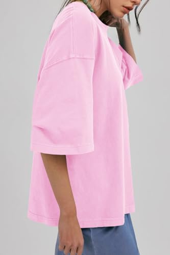 Image of UNCLECAT Womens Oversized Half Sleeve T Shirts Summer Tops Trendy Crew Neck Loose Fit Workout Tee Clothes Pink