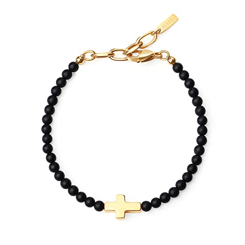 GAVU Pulsera Cruz para Hombre con Cuentas de Piedras Naturales Ónice Negro Mate y Acero Inoxidable Chapado en Oro