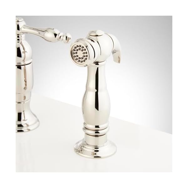   Signature-Hardware-954037-Delacour-175-GPM-Double-Handle-Bridge-Kitchen-Faucet-with-Side-Spray-Brushed-Gold