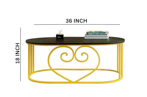 Image of Oval Accent Metal Centre Table with Marble Look Coffee Tables with Engineered Wood Top and Metal Frame, Contemporary Table for Office, Bedroom, or Living Room Golden Black