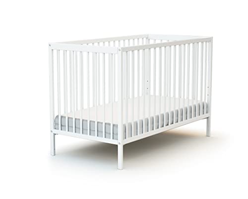 AT4 – Cuna de bebé 60 x 120 cm, color blanco | 124 x 64,5 x 82 cm | Madera maciza | Desde el nacimiento | Comodidad de sueño | Somier de láminas | Cama con barrotes |Somier ajustable 3 alturas