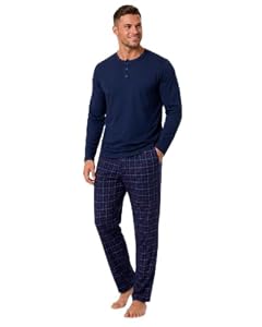 HEYO Schlafanzug Herren Lang Pyjama 100% Baumwolle Dunkelblau, XL