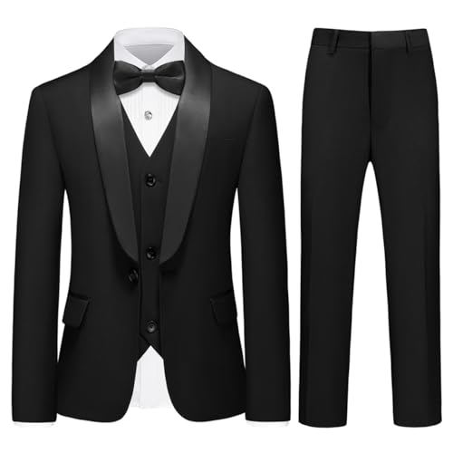 Image of Boy Suits 3 Piece Slim Fit Formal Suit Set with Tuxedo Jacket Vest Pants for Kids Wedding Ring Bearer Party