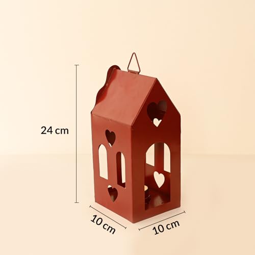 Image of MARKET 99 Hanging T-Lite Holder Hut Metal Red Matte Finish - Xmas & Christmas Home Decor Candle Holder, Festive Hanging Lantern for Living Room, Bedroom, Patio, Outdoor & Holiday Decorations