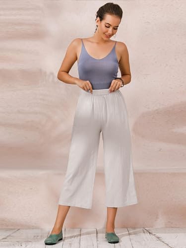 Image of ECUPPER Womens Cotton Cropped Pants Loose Fit Wide Leg Trousers | Casual, Plus Size, Elastic Waist, Capri, 100% Cotton, Slant Pockets, High Rise Waist, Lounge Pants
