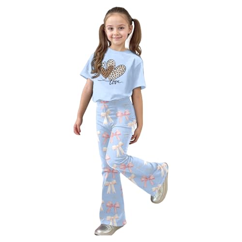 Générique - Ensemble et Girl T-Shirts et Pantalons Fille Vêtements Deux Pièces Assorti pour Petite Fille, Haut à Manches Courtes avec Imprimé Cœur et Nœud Mignon, Pantalon Évasé (Light Blue, 9-10 Years)