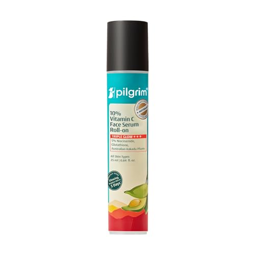 Image of Pilgrim 10% Vitamin C Face Serum Roll-On for Glowing Skin with Niacinamide & Glutathione, Kakadu Plum | Reduces Dark Spots, Brightening Serum for Even Skin Tone | For All Skin Type - 25ml