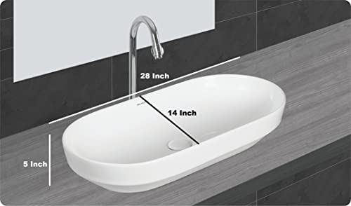Image of Wash Basin Table Top Over Counter Vessel Sink Glossy Finish White Sink for Bathroom (28 x 14 x 5 Inch)