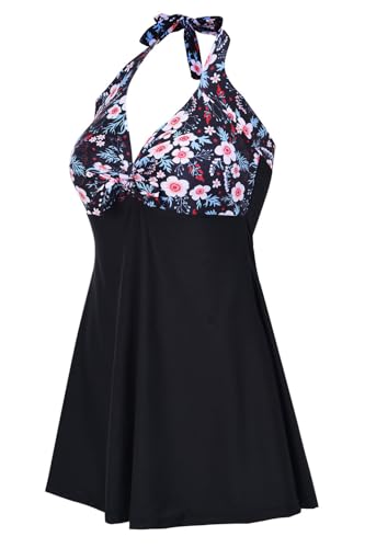 AMAGGIGO Damen Neckholder Push up BadekleidFigurformender Bunt Badeanzug mit Röckchen Bauchweg Einteiliger Badekleid（4flower，Größe 42 (2XL)）