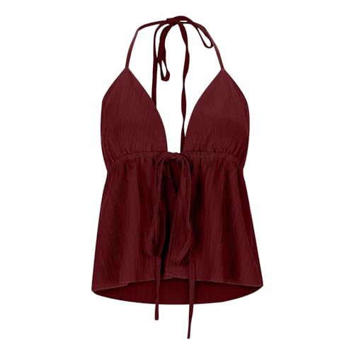 Camisetas Cuello Halter Mujer Lino con Tirantes Basicas Verano Sin Mangas con Tirantes Finos Ajustables Casual Blusa Slim Fit versátil Camisolas Cuello v Casual Chaleco de Color Liso