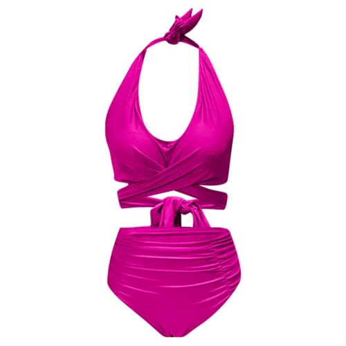 MODSGUE Conjuntos de bikini para mujer, traje de baño para mujer, escote en V, sexy, dos piezas, push up, traje de baño de cintura alta, traje de baño de tetas grandes, cruzado y espalda, Rosa