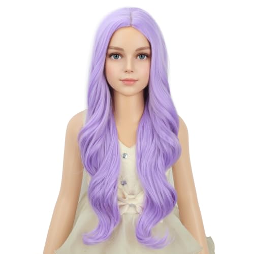 Image of PATTNIUM Purple Wig for Kids Girls Long Wavy Curly Purple Wigs Light Purple Child Lavender Synthetic Wigs with Wig Cap