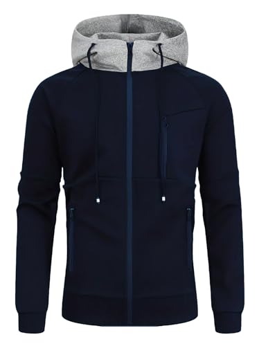 Men Hoodies Casual Hoodies for Men with Zip Pockets Full Zip Long Sleeve Sweatshirt Sports Color Block Hooded