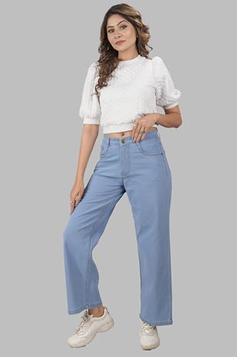 Image of Zayla Women's Denim Wide Leg Jeans I Stretchable Full-Length High Rise Waist Baggy Pants I Clean Solid Relaxed Fit Pant I Stylish & Trendy Look I for Office Party Home Girls (CG-2) (28, Light Blue)