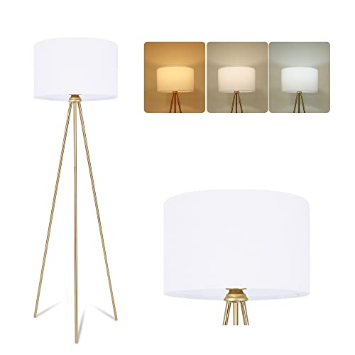 Allesin lampadaire salon, 3 températures de couleur réglables, abat-jour en tissu blanc, ampoule E27 incluse, lampadaire de style scandinave avec trépied en métal, pour salon, chambre, bureau