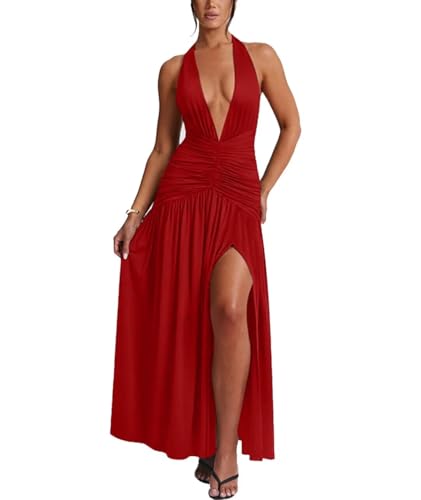 Ekaliy Women's Sexy Halter Deep V Neck Maxi Dress Sleeveless Backless High Slit Ruched Long Dress Summer Party Cocktail Dress Red